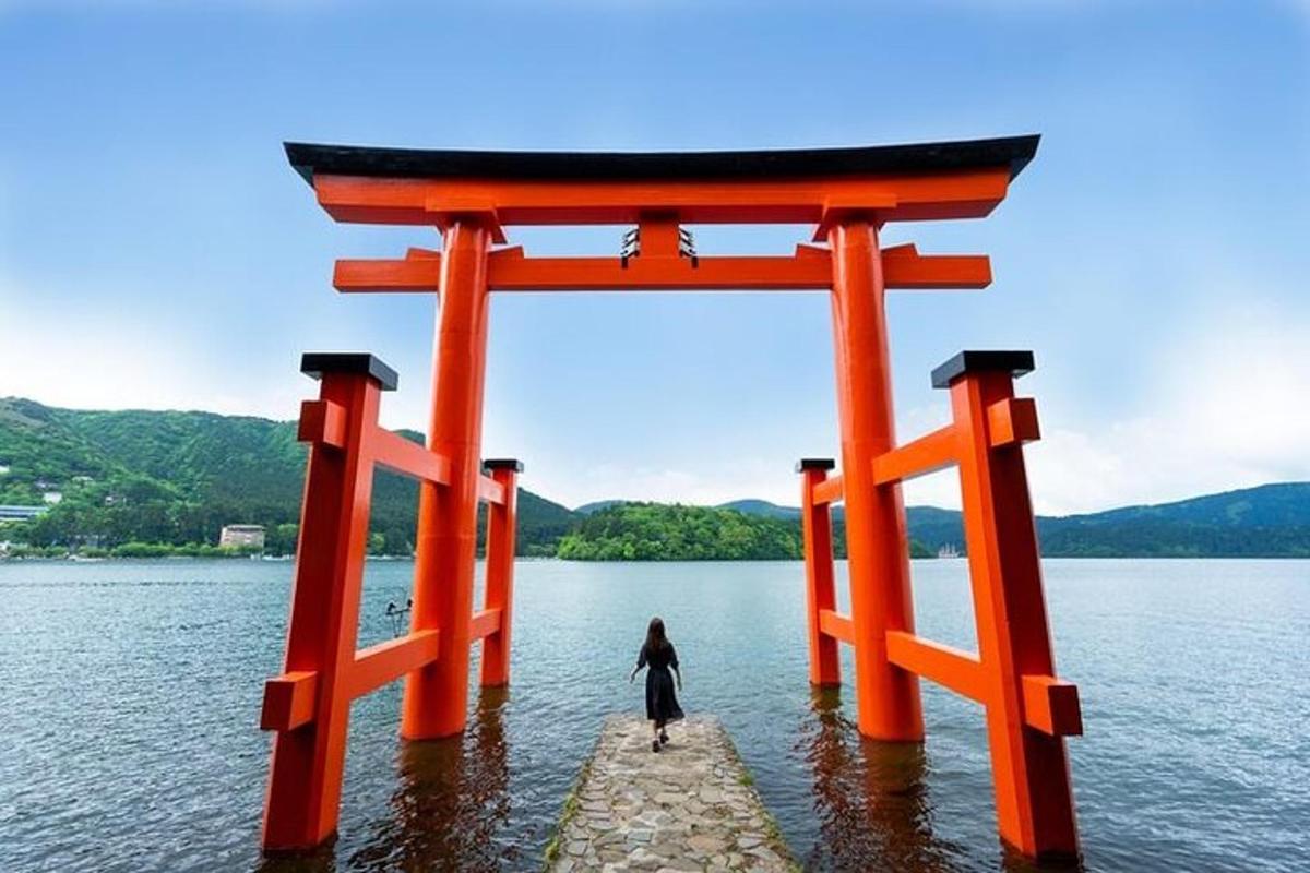 seorang wanita berdiri di dalam air di bawah pintu gerbang torii