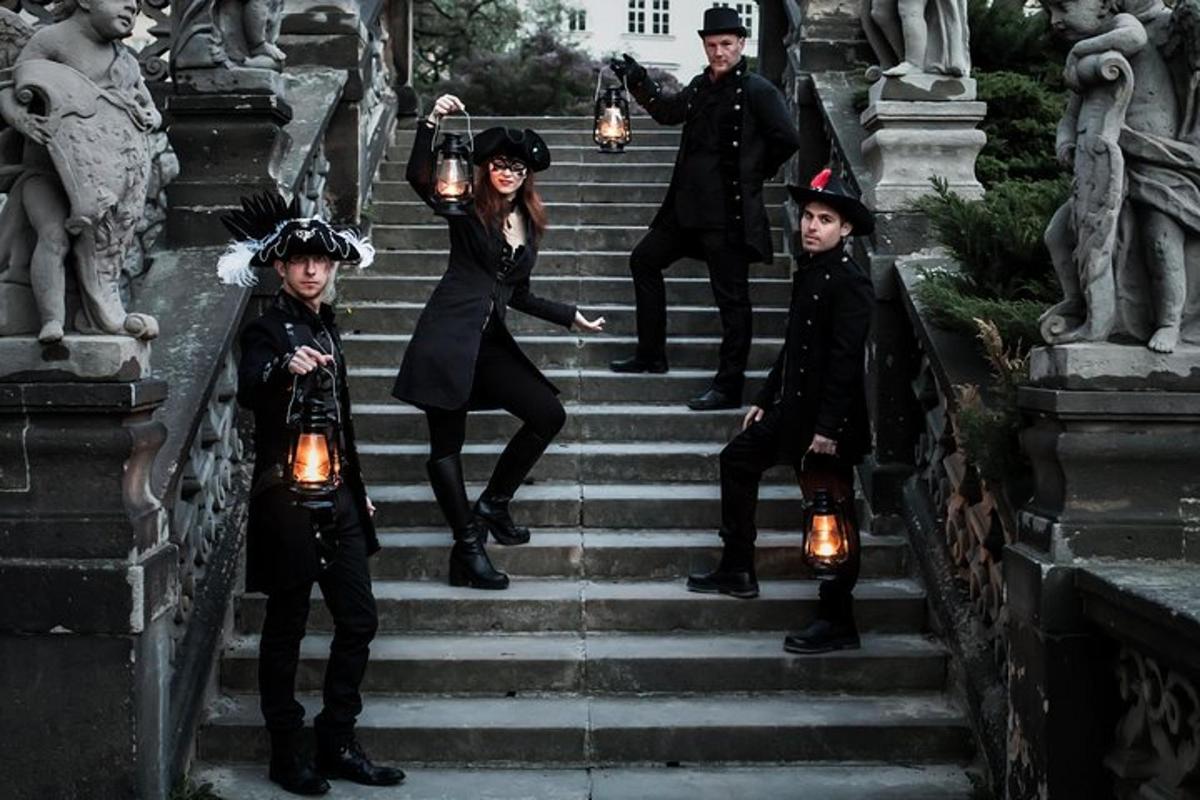 a group of people standing on the stairs