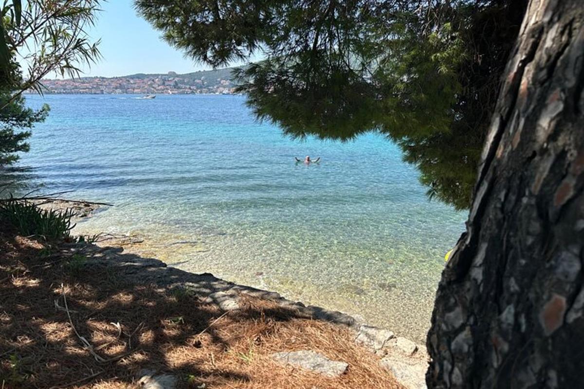 a beach with two people swimming in the water