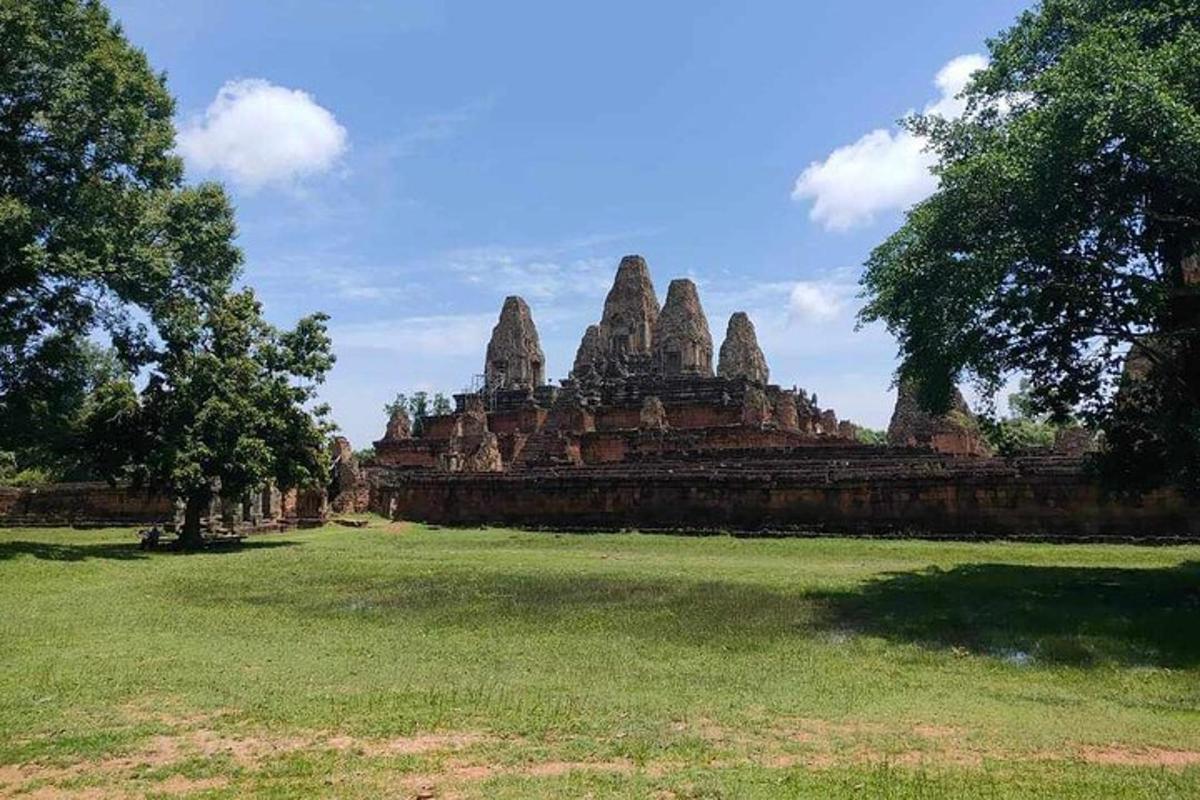 un gruppo di templi di pietra in un campo con alberi