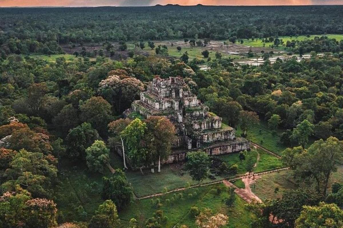 una vista aerea di un grande edificio in una foresta