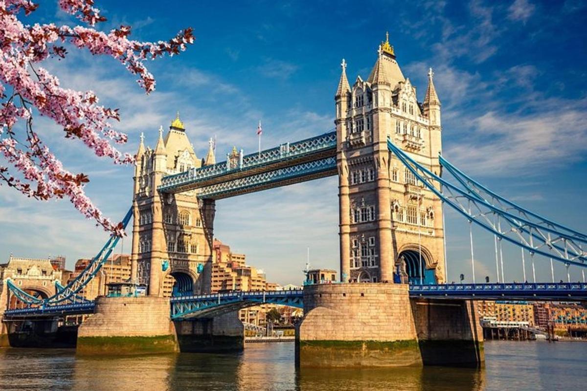 Egy londoni híd, előtérben egy cseresznyefával