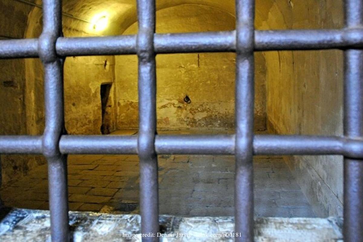 una gabbia di metallo in una stanza con un tunnel