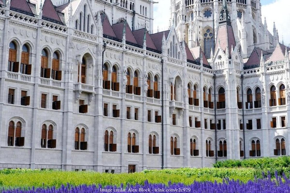 a large building with a clock tower and purple flowers