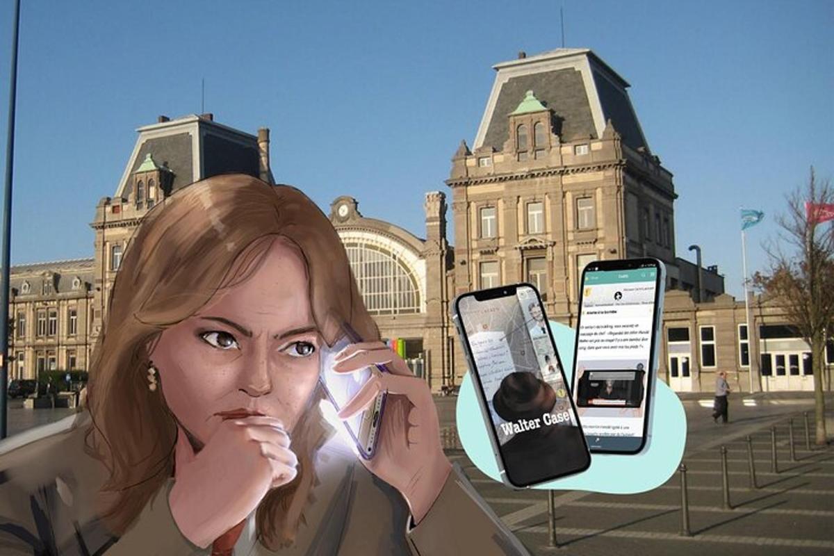 seorang wanita memegang dua telefon bimbit di hadapan sebuah bangunan