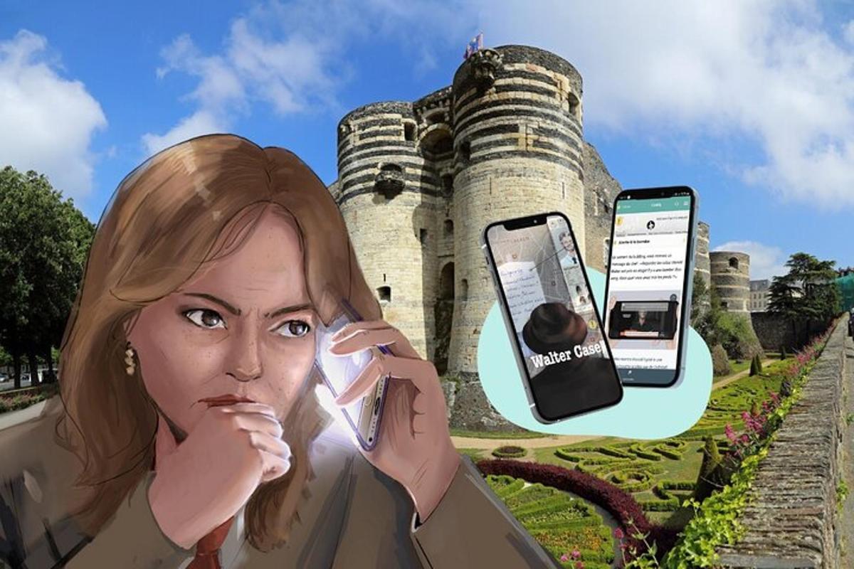 a woman talking on a cell phone next to a castle