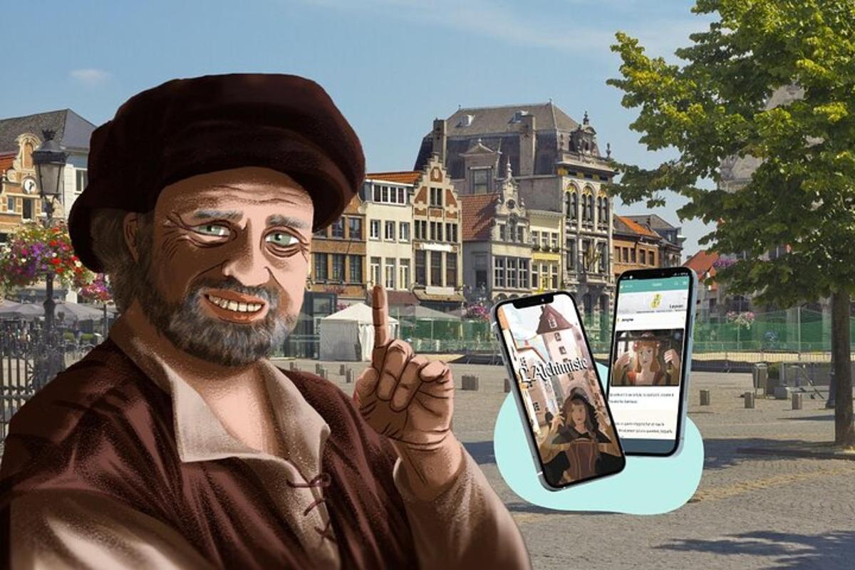 uma pintura de um homem segurando um telefone celular