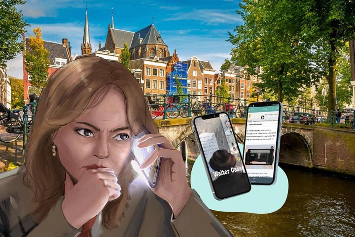 lukisan seorang wanita dengan dua telefon bimbit