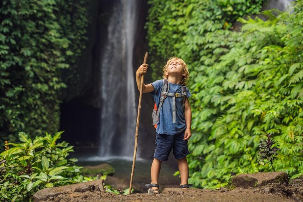 seorang budak lelaki berdiri di hadapan air terjun