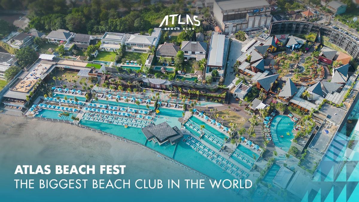 an image of a resort with the words atlas beach fest the biggest beach club