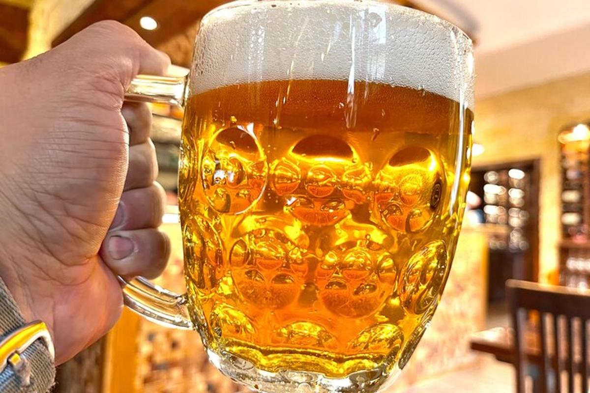 oseba, ki drži vrček piva
