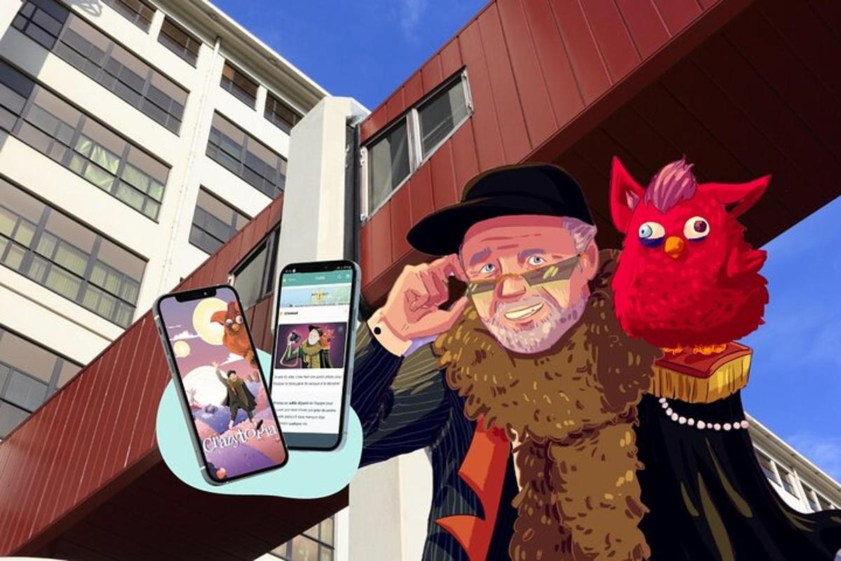 a painting of a man holding a cell phone