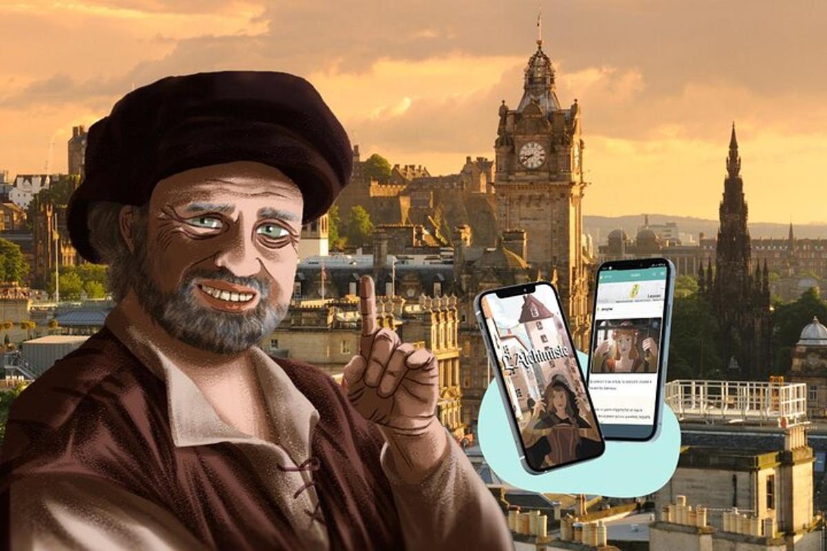 un dipinto di un uomo che tiene in mano un cellulare