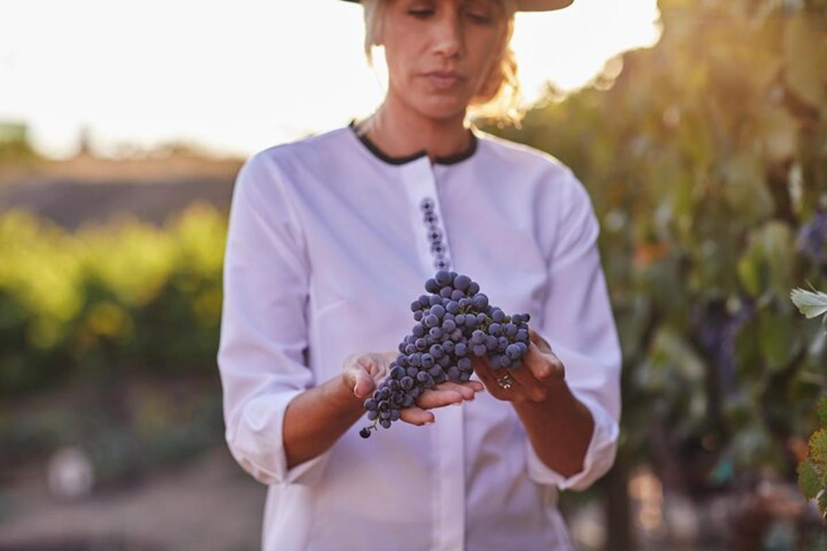 a woman is holding a bunch of grapes