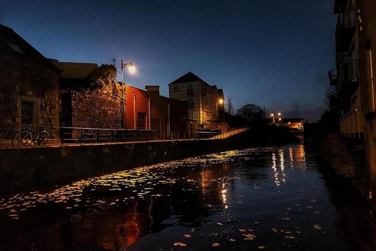 a river in a city at night with lights