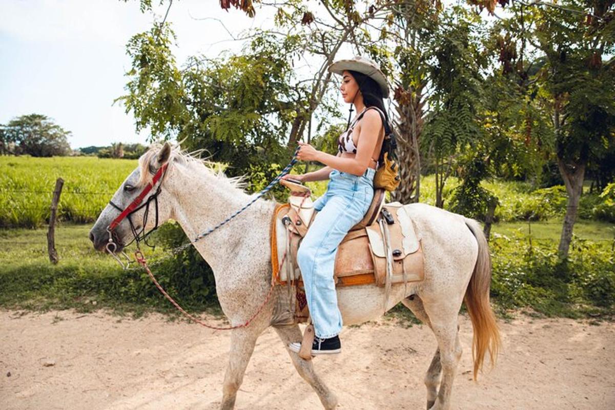 Una mujer montando un caballo blanco en un camino de tierra