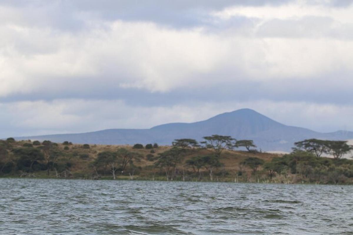 Un gran cuerpo de agua con una montaña al fondo