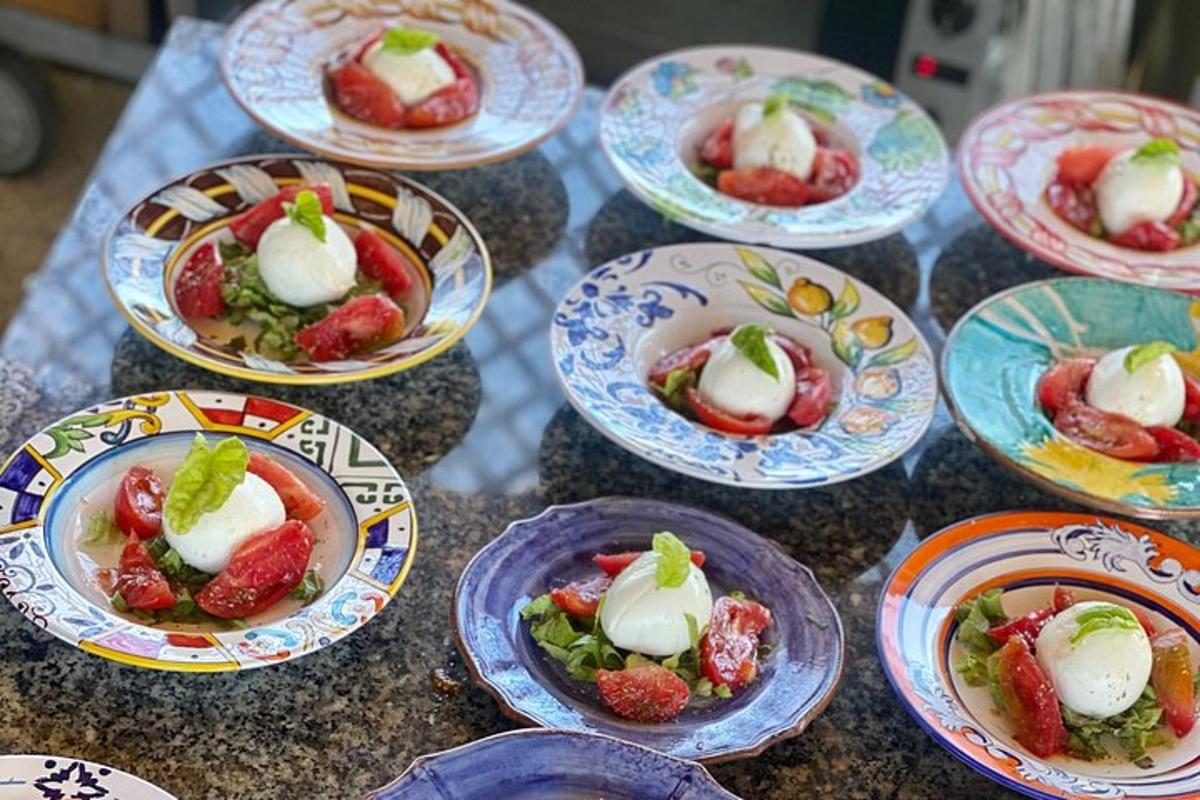 a group of plates of food on a table