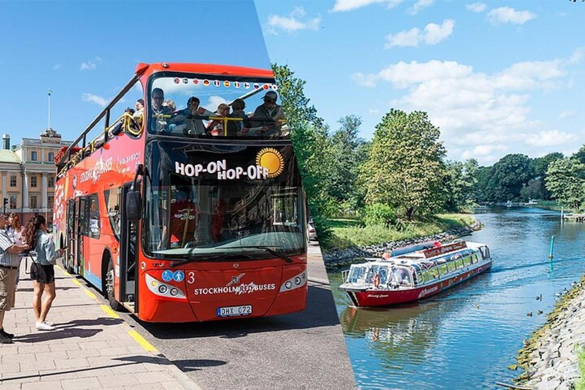 a double decker bus on a river with a boat