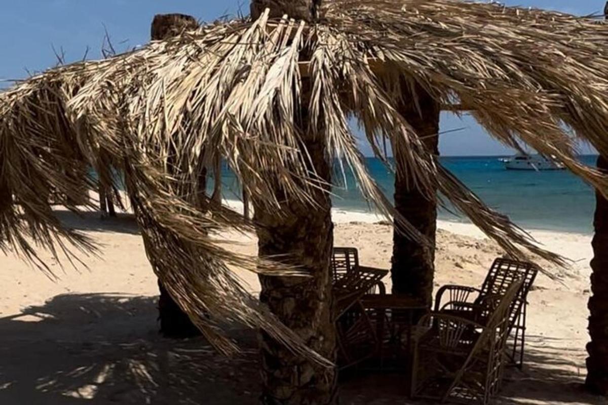egy szalmakunyhó a strandon székekkel és az óceánnal