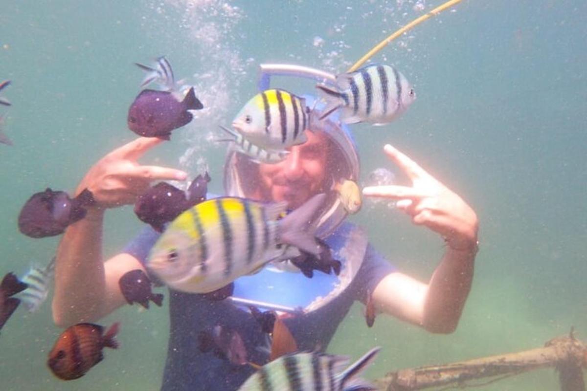a man in the water with a bunch of fish