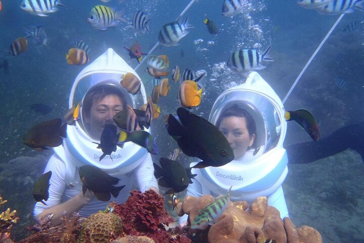 a man and a woman in an aquarium with fish