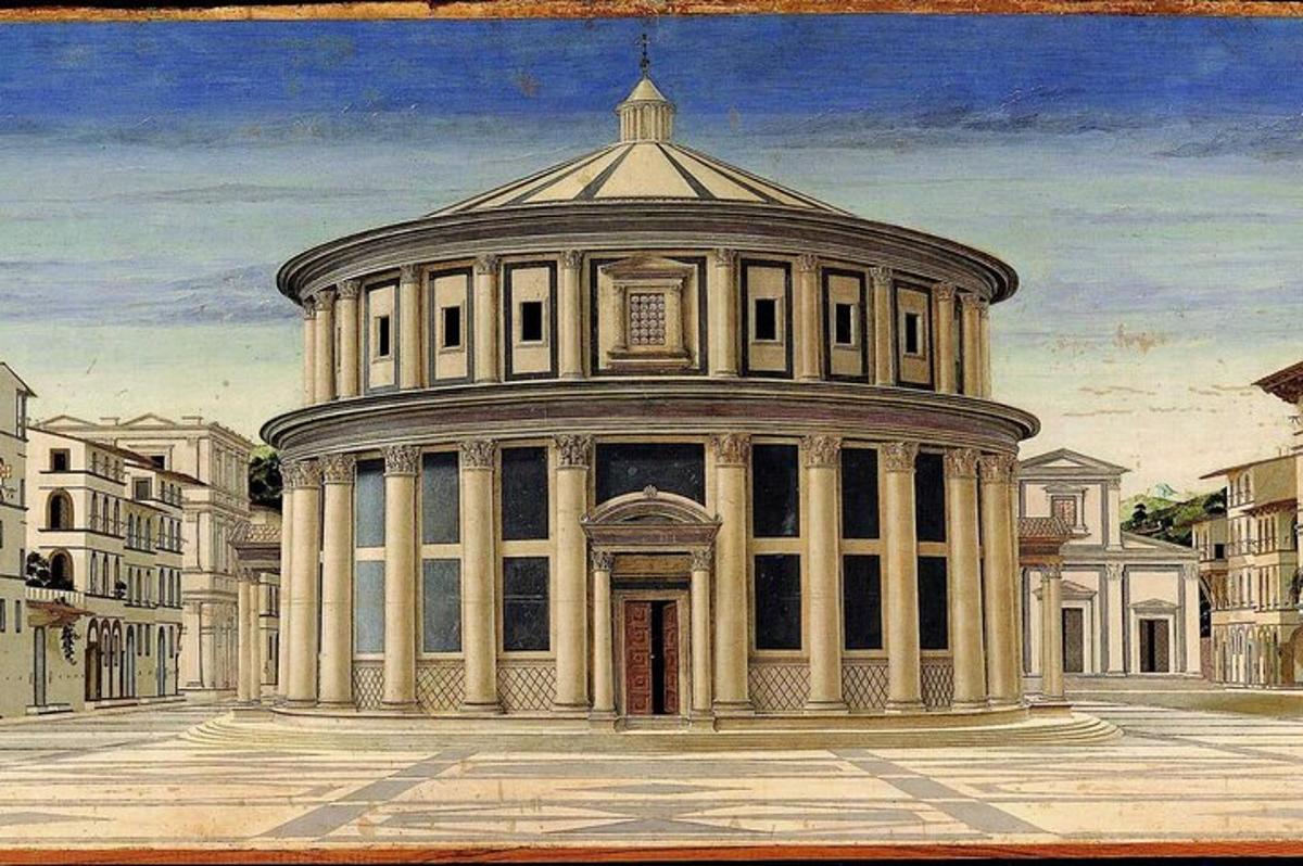 a painting of a large building with columns