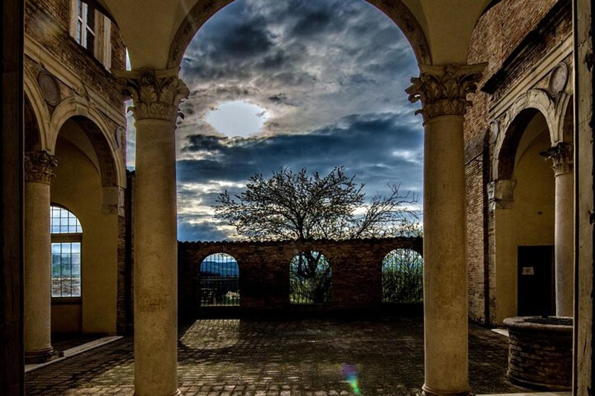 an archway in a building with a tree in the background