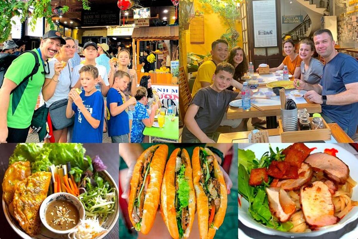 a group of people sitting at a table with food