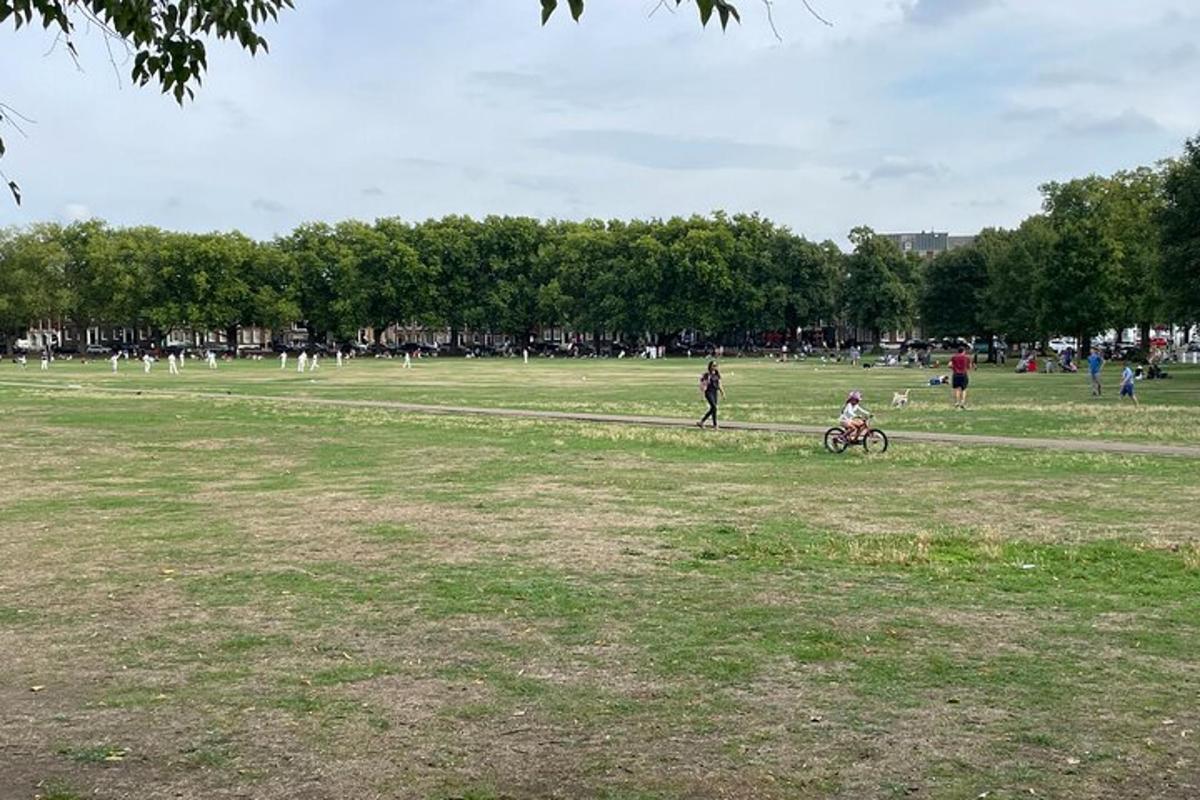 a group of people in a park with a child on a bike