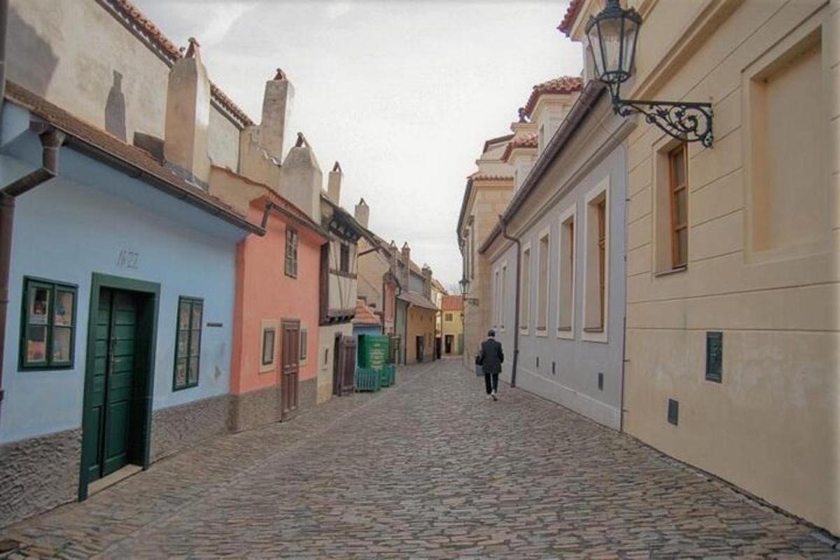 a person walking down a cobblestone street with buildings