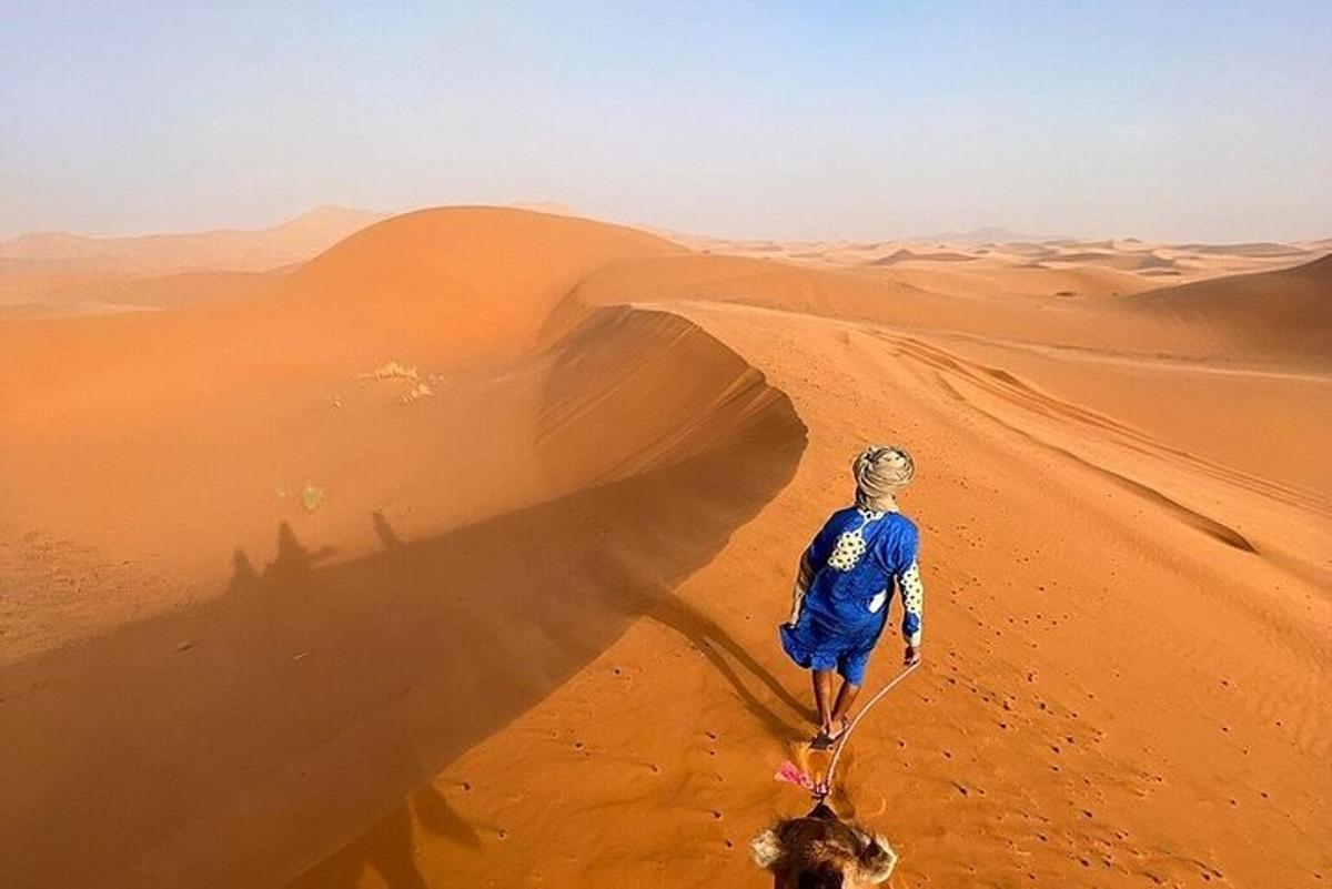 a man walking in the desert with a camel