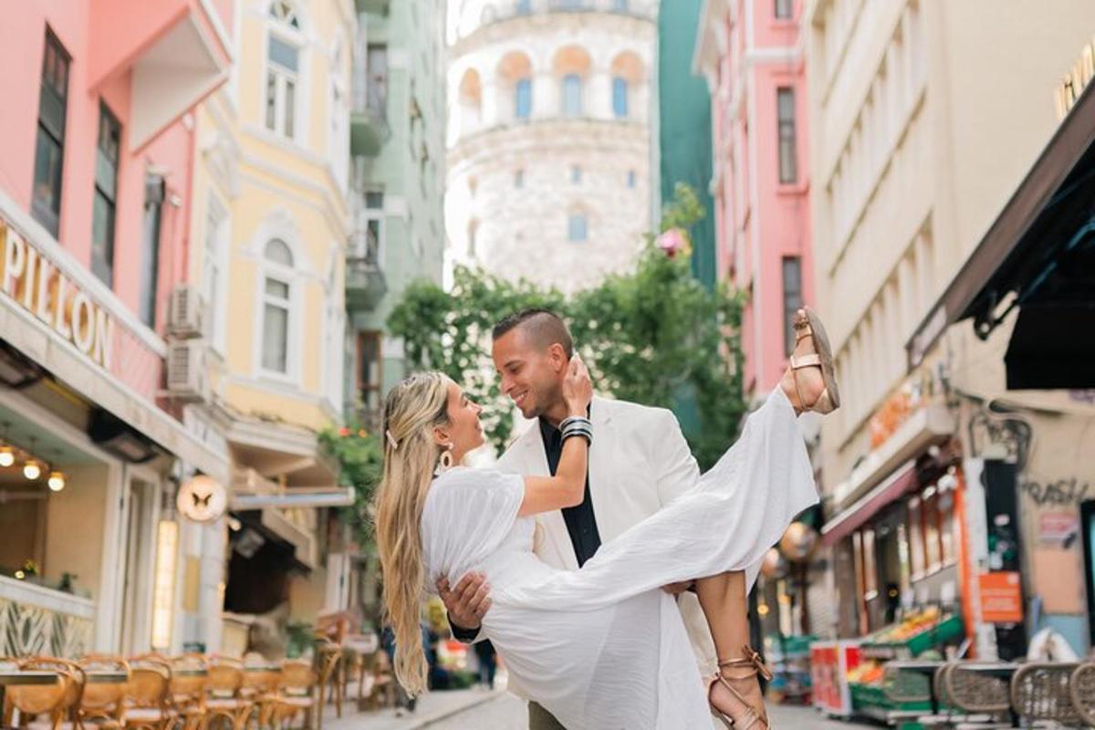 a man and a woman standing on a city street