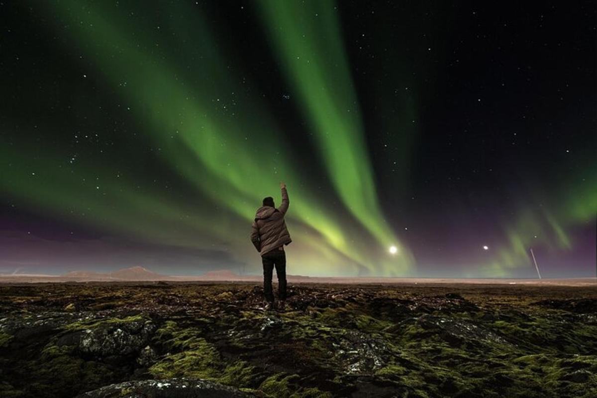 un uomo in piedi in un campo a guardare l'aurora boreale
