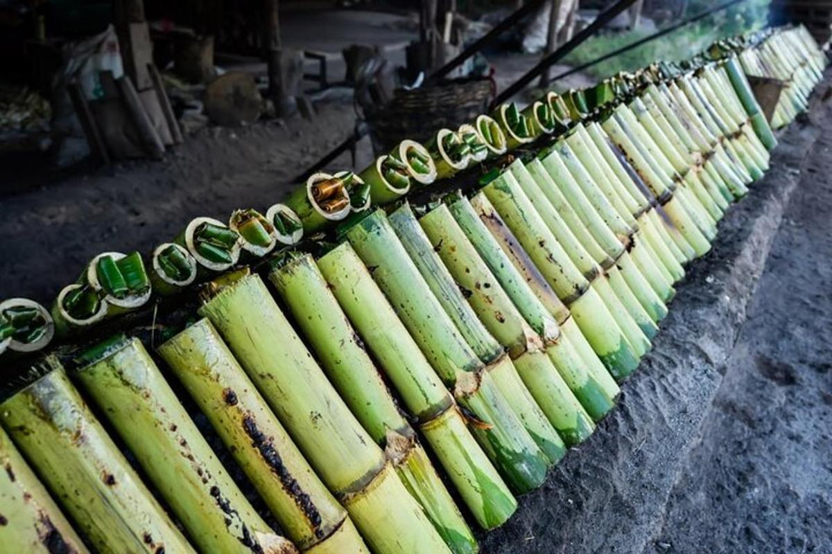 a row of green and yellow logs on a table