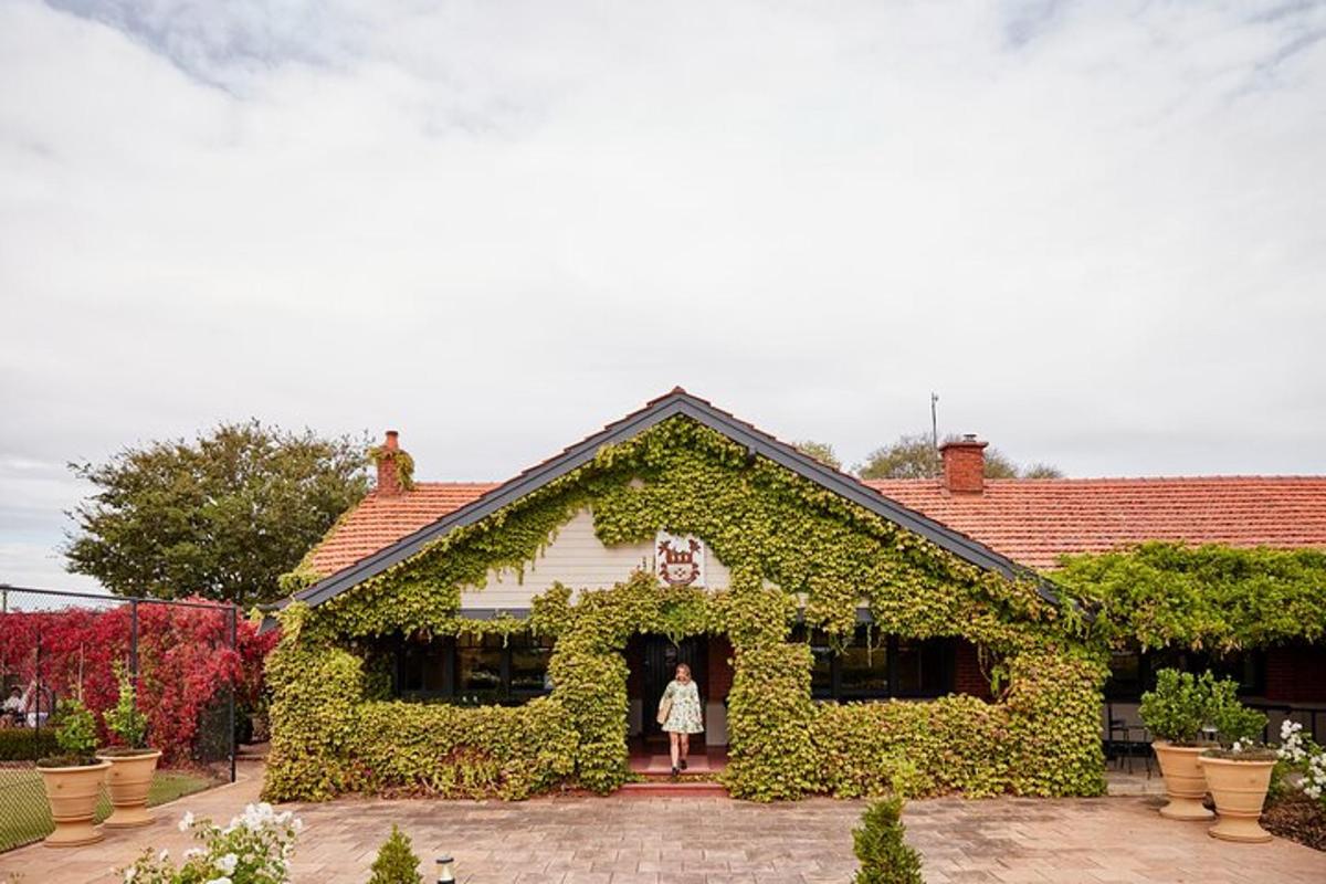 a woman standing in the doorway of a house covered in ivy