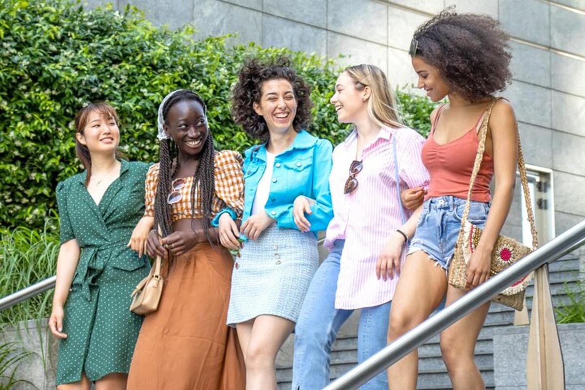 a group of women standing on a staircase