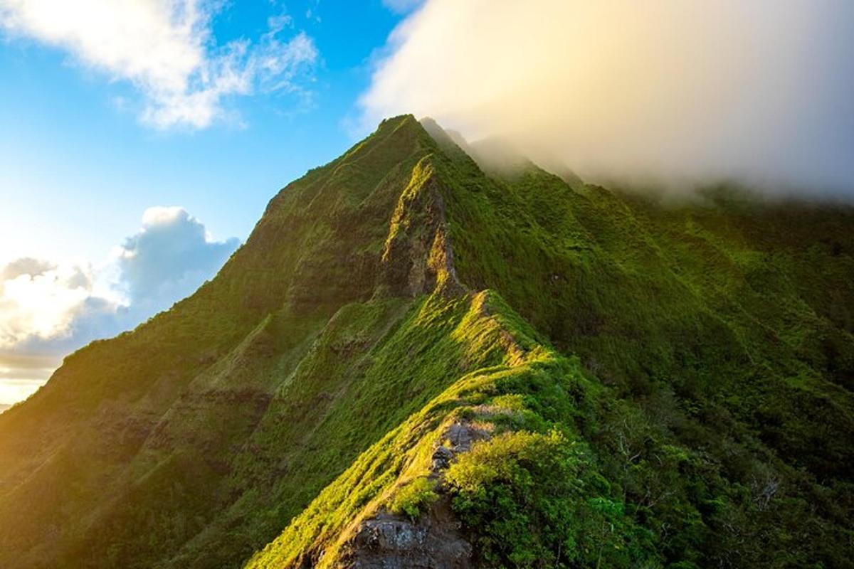 a green mountain with the sun shining on it