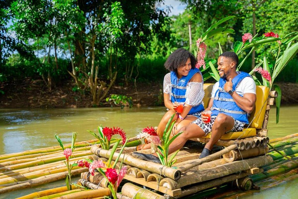 a man and woman sitting on a raft on a river