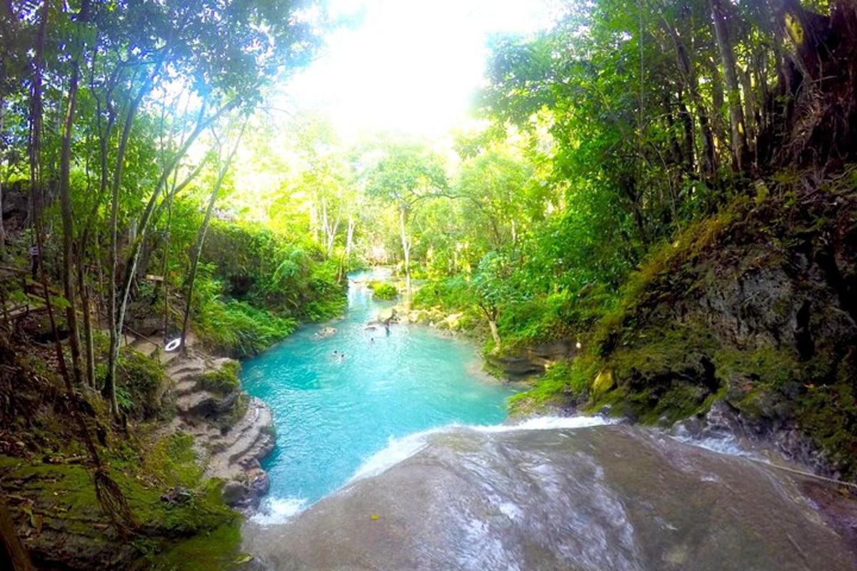 a river in the middle of a forest with blue water