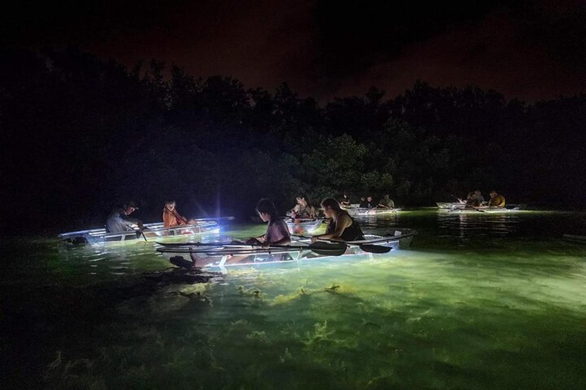 a group of people in boats in the water at night