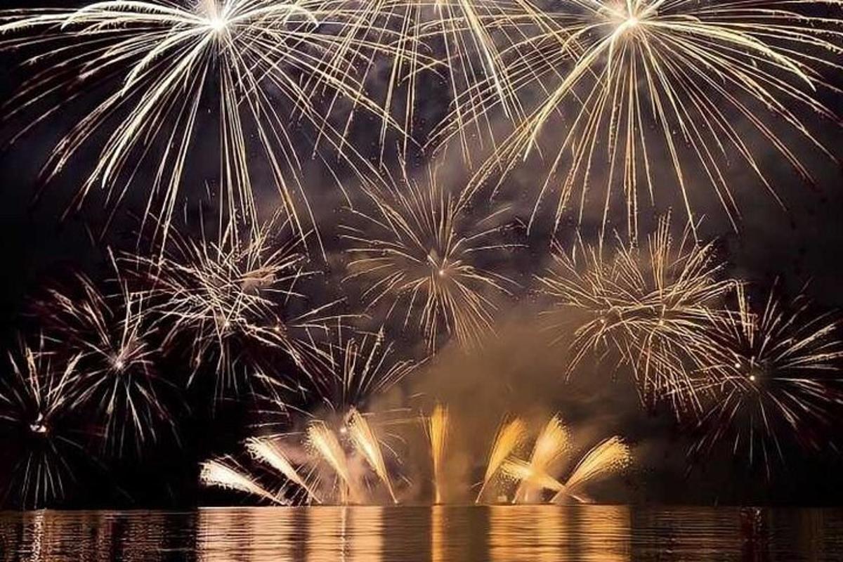 a group of fireworks exploding in the sky over the water