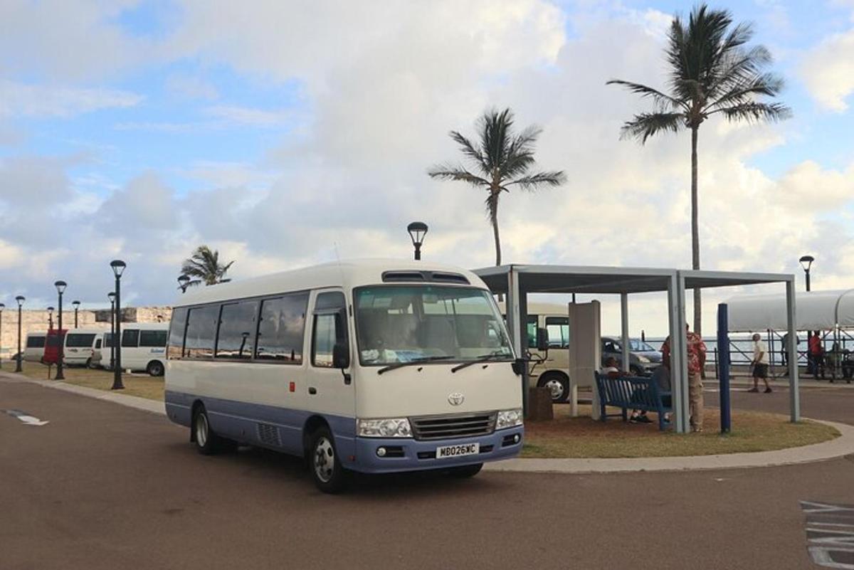 a white bus parked at a bus stop