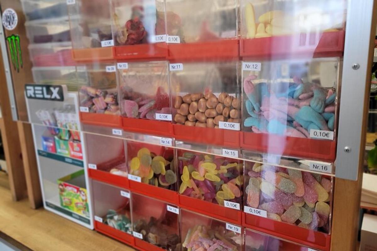 a display case in a store filled with lots of candy