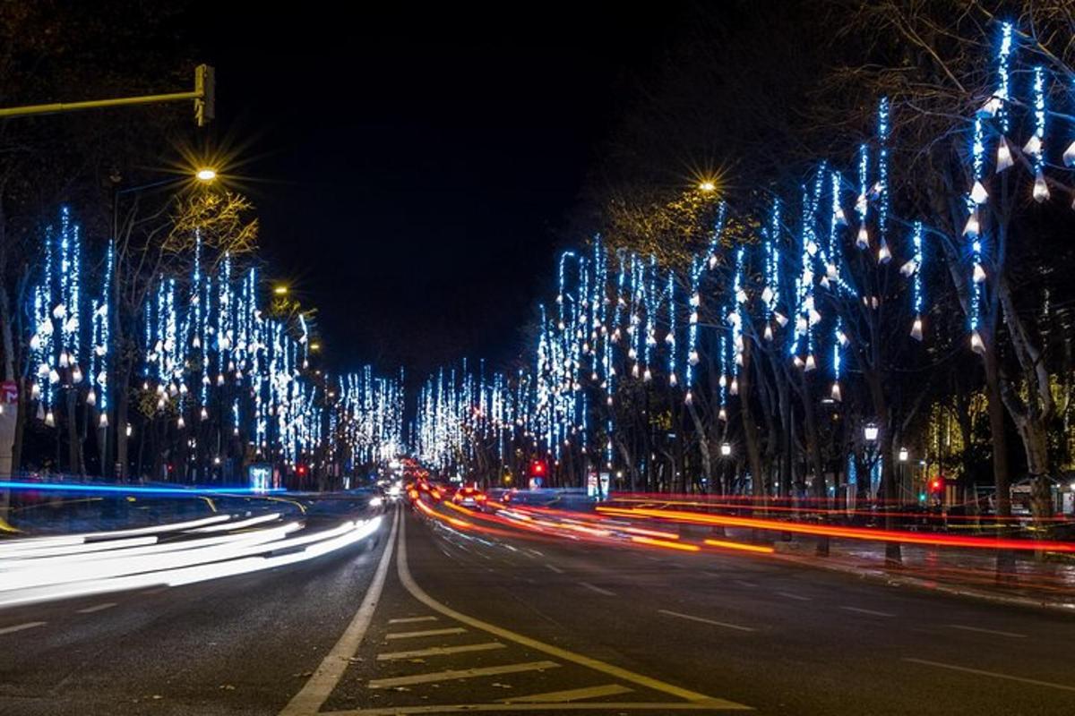 o stradă de oraș noaptea cu luminițe de Crăciun în brazi