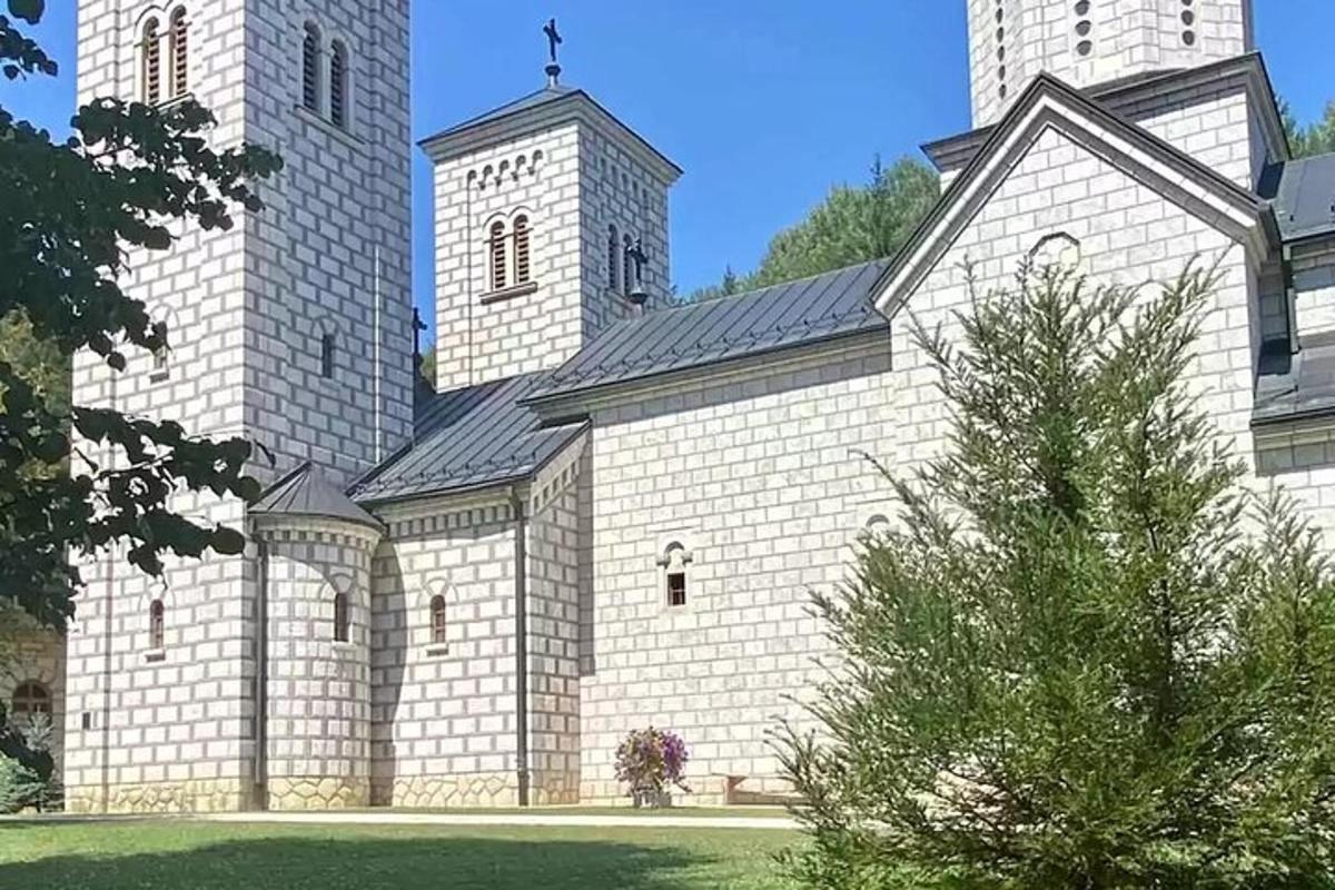 una grande chiesa bianca con due torri e un albero
