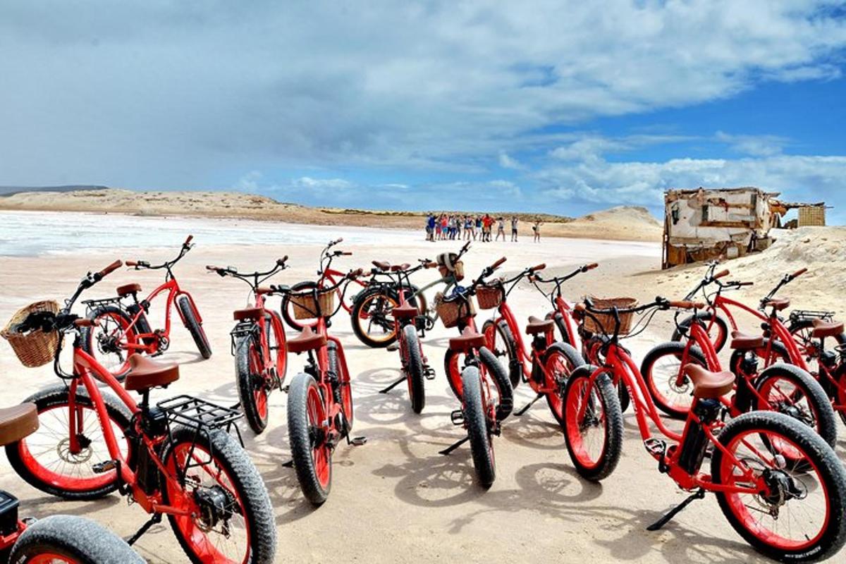 a group of red bikes parked on a beach