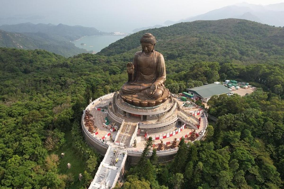 una vista aerea di una grande statua del Buddha