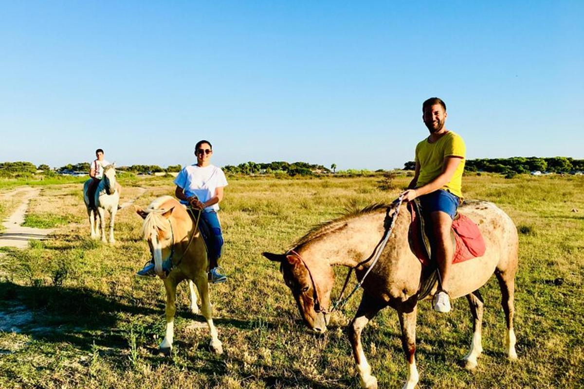 um grupo de pessoas cavalgando em um campo