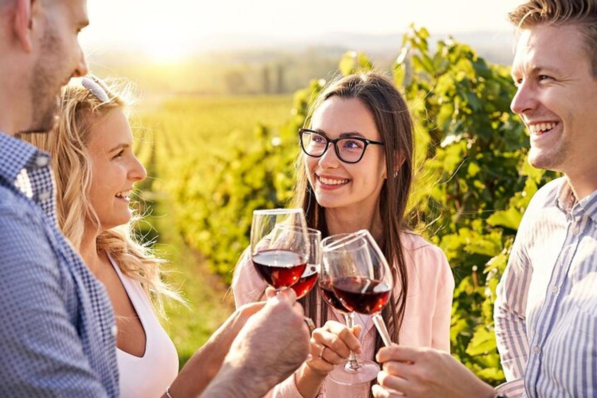 een groep mensen die wijn drinkt in een wijngaard